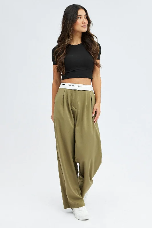 Green Wide Leg Pants Turn Down Waist Low Rise Relaxed Fit Trousers