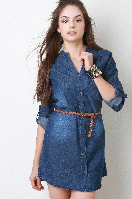 Belted Denim Button-Up Dress Tunics Review highly