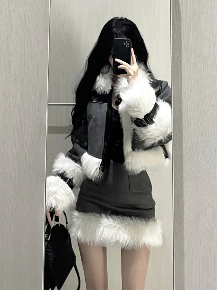 Winter Outwear Elegant 2 Piece Skirt Set Woman Korean Style Suit Warm Fashion Fur Coat Jacket + Casual Slim Y2k Mini Skirt Faux Fur Jacket Real Fur Jacket Shearling Jacket