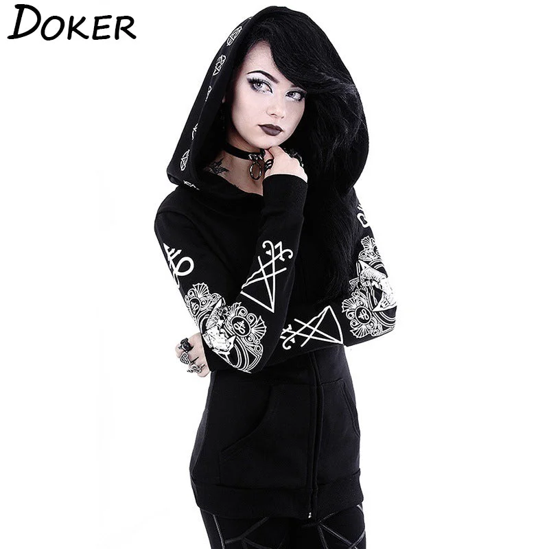 Gothic Print Hoodies Women Black Jacket Winter Female Hooded Tops Bomber Jacket Anorak Windbreaker