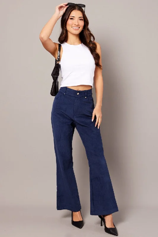 Blue Wide Leg Pants High Rise Corduroy Classic Flared Pants