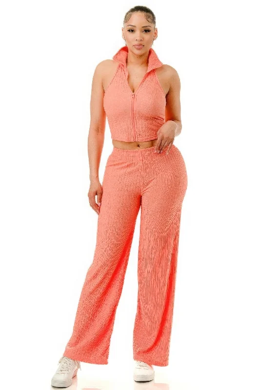 Crinkle Wide Pants Set Zipper Elegant Silk Pants