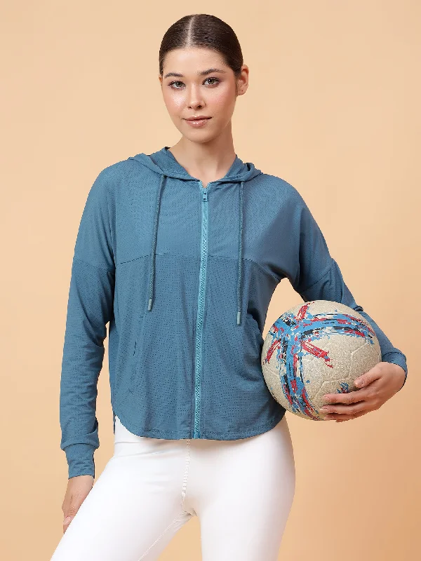 Fitkin Women Turquoise Self Design Hooded Jacket Nylon Fabric Polyester Fabric Spandex Fabric