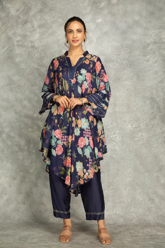 Blue Printed High Low Kurta With Solid Pants Elegant Palazzo Trousers