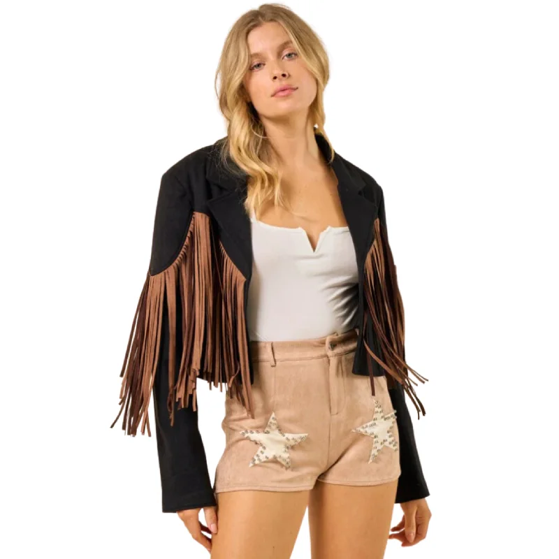 WISTERA LANE WOMEN'S COLORBLOCK FRINGE SUEDE JACKET - W2122JIB Belted Jacket Elasticated Jacket Padded Jacket