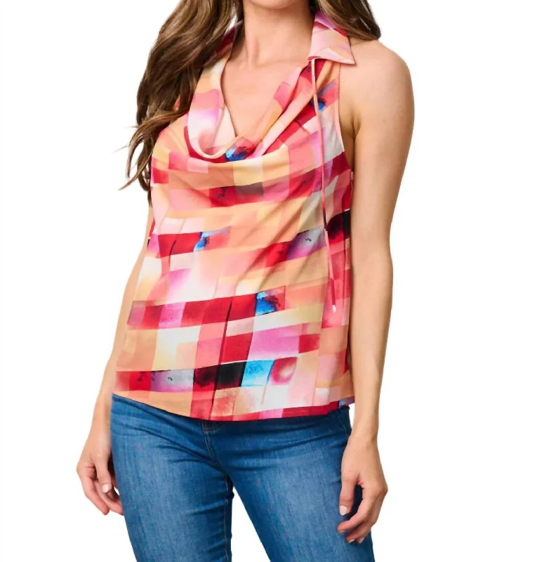 Cowl Neck Tank Top In Peach Multi silver tank top