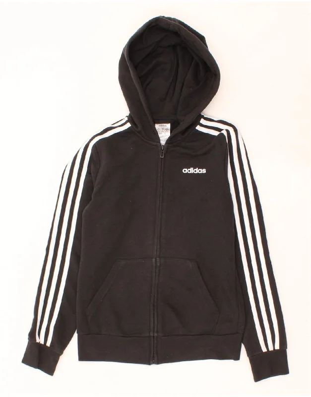 ADIDAS Womens Zip Hoodie Sweater UK 4/6 XS Black Cotton Graphic Sweater Embroidered Appliqued