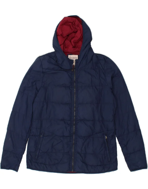 FAT FACE Womens Hooded Padded Jacket UK 14 Large Navy Blue Nylon Front Pockets Side Pockets Patch Pockets