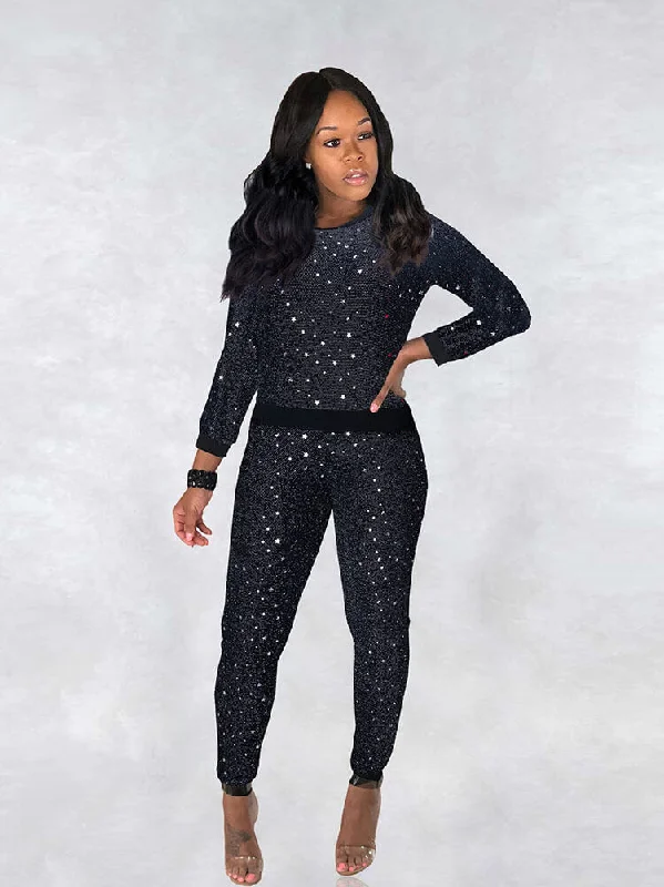 2 Piece Glitter Sequin Metallic Top+Pants Sets Cozy Jogger Leggings