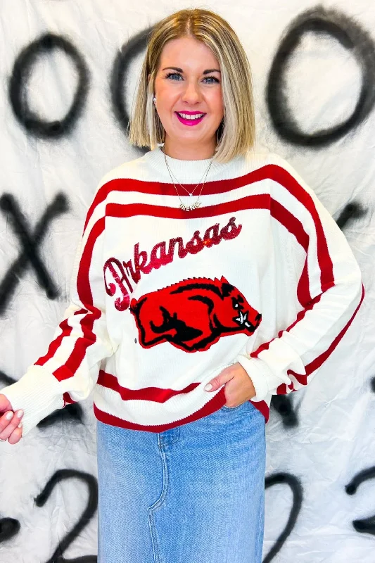 Arkansas Stripe Sweater - Crimson & White Beaded Sweater Sequined Faux Fur