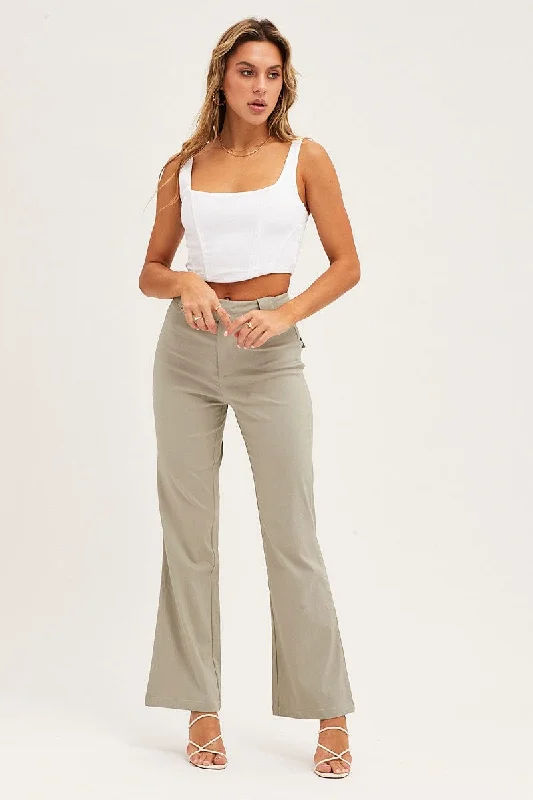 Green Mid Rise Stretch Flare Pant Classic Stretch Pants