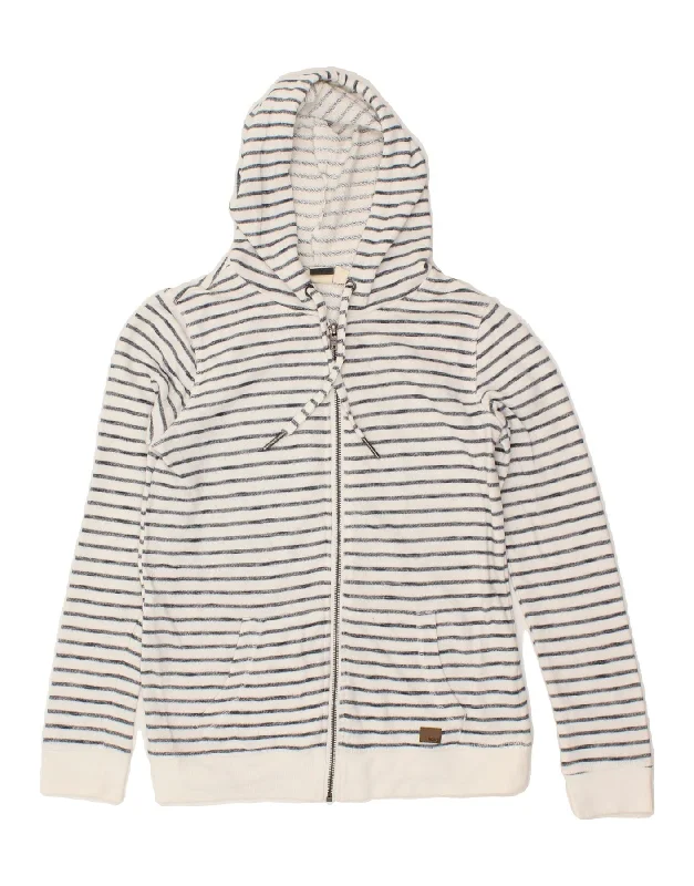 ROXY Womens Zip Hoodie Sweater UK 10 Small White Striped Cotton Bright Pastel Dark