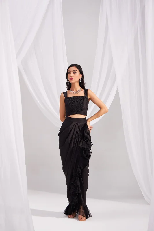 Black Embroidered Silk Bustier & Ruffle Draped Skirt Set cashmere skirt soft