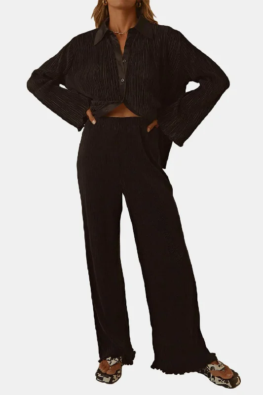 Hazel Blues® |  Textured Button Up Collared Neck Top and Pants Set Formal Stretch Pants