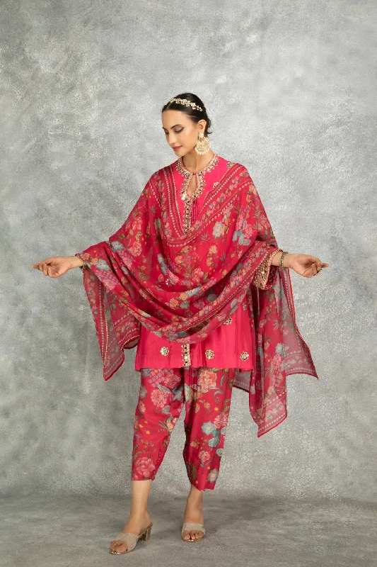 Hot Pink Mirror Embroidered Angrakha With Printed Pants & Dupatta Set Of 3 Casual Lounge Pants