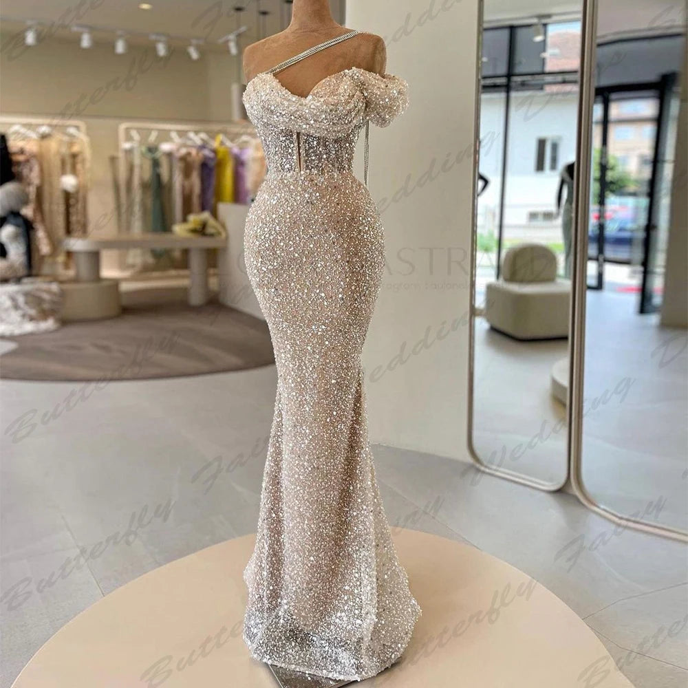 Wjczt Elegant Beautiful Evening Dresses Fascinating Sparkling Beading Sexy Mermaid Off Shoulder Sleeveless Simple Mopping Prom Gowns Tunics Stylish elegant