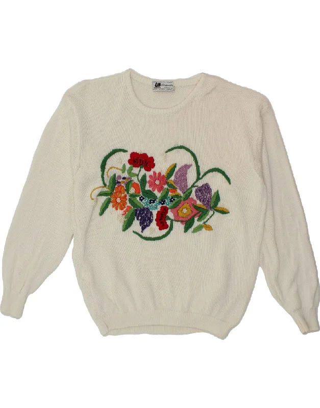 VINTAGE Womens Boat Neck Jumper Sweater UK 16 Large White Floral Cotton Slim Fit Regular Fit Oversized