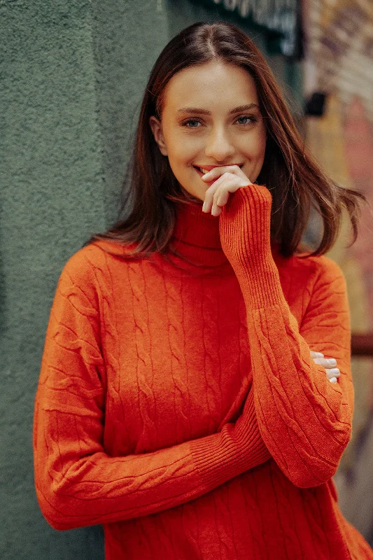 Dark Orange Australian Wool and Cashmere Amelia Hair Braided Turtleneck T-Sleeve Women's Tunic Sweater Ribbed Striped Patterned