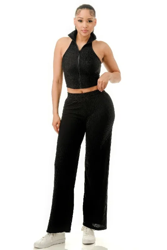 Crinkle Wide Pants Set Zipper Stylish Slim Trousers