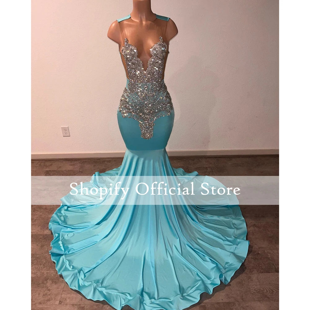 Wjczt Luxury Crystal Beads Cyan Prom Dresses Long For Black Girls Sheer O-neck Blue Mermaid Senior Graduation Party Prom Gowns 2024 Tunics Practical durable