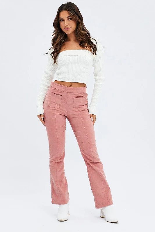 Pink Flare Leg Pants High Rise Corduroy Warm Wool Trousers