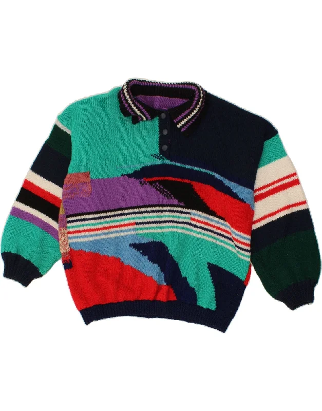 VINTAGE Womens Polo Neck Jumper Sweater UK 18 XL Multicoloured Colourblock Solid Print Embellished