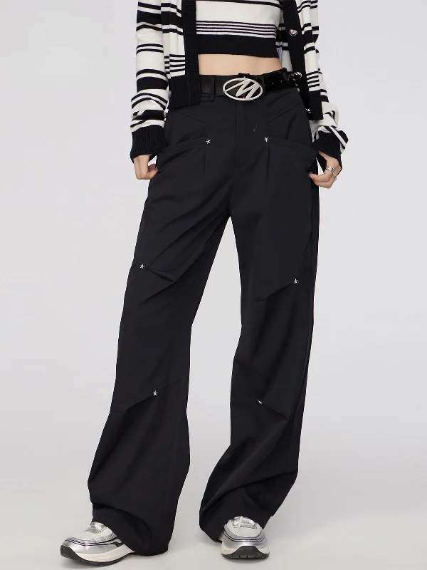 Black & Khaki Star Pleated Utility Wide-Leg Pants Soft Wool Pants