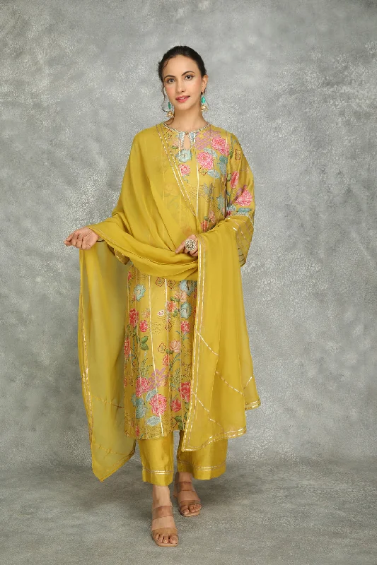 Mustard Green Printed Kurta With Pants And Dupatta Set Of 3 Comfortable Maternity Pants