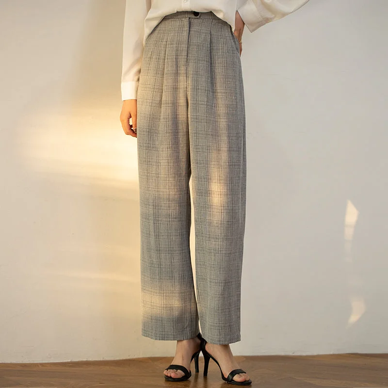 Plaid Wide Leg Pants Women High Waist Spring Comfortable Fleece Pants