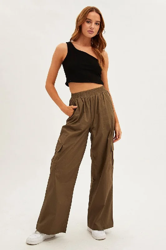 Green Wide Leg Cargo Pants High Rise Fashionable Sporty Pants