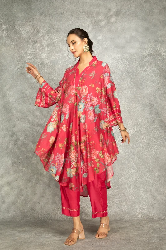 Hot Pink Printed High Low Kurta With Solid Pants High-Waist Jogger Pants