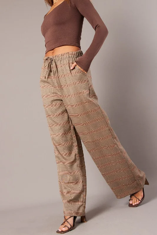 Beige Check Wide Leg Pants Elastic Waist Stylish Harem Pants