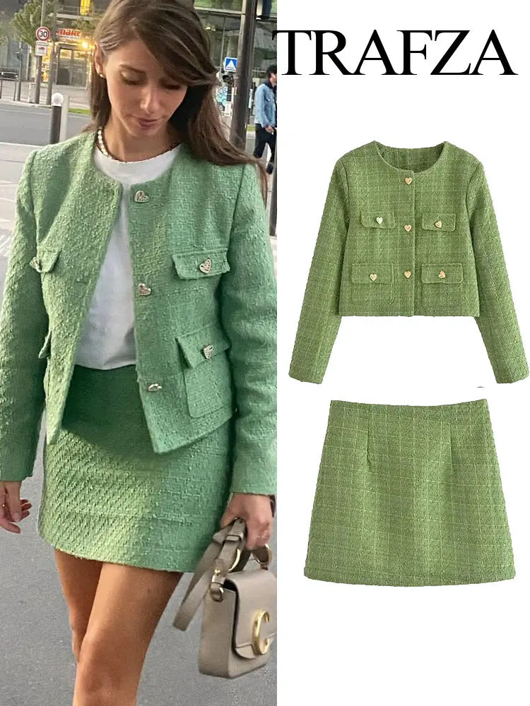 TRAFZA Suits For Women Fashion Green Coarse Weaving Loose Single Breasted Jackets + Slim Chic And Elegant Women's Autumn Skirts Cardigan Sweater Pullover