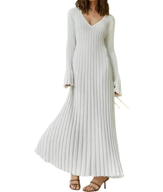 Long Sleeved V-Neck Sweater Knit Dress In White Silk Blend Satin Velvet