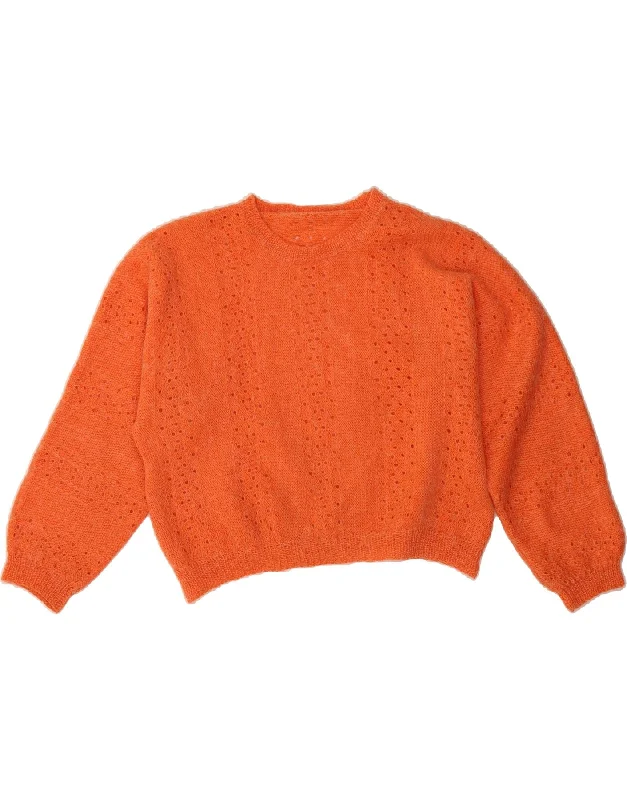 VINTAGE Womens Crop Crew Neck Jumper Sweater UK 14 Medium Orange Denim Fabric Leather Fabric Suede Fabric