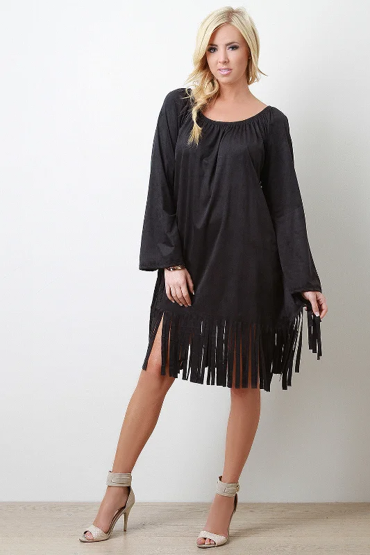 Faux Suede Fringe Shift Dress Tunics Mesh breathable