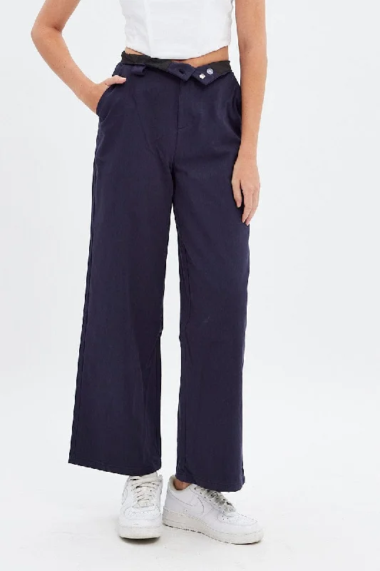 Blue Pant Straight Leg Turned Down Waist Fashionable Work Pants