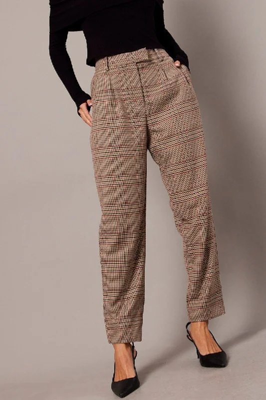 Beige Check Tapered Pants High Rise Fashionable Sporty Pants