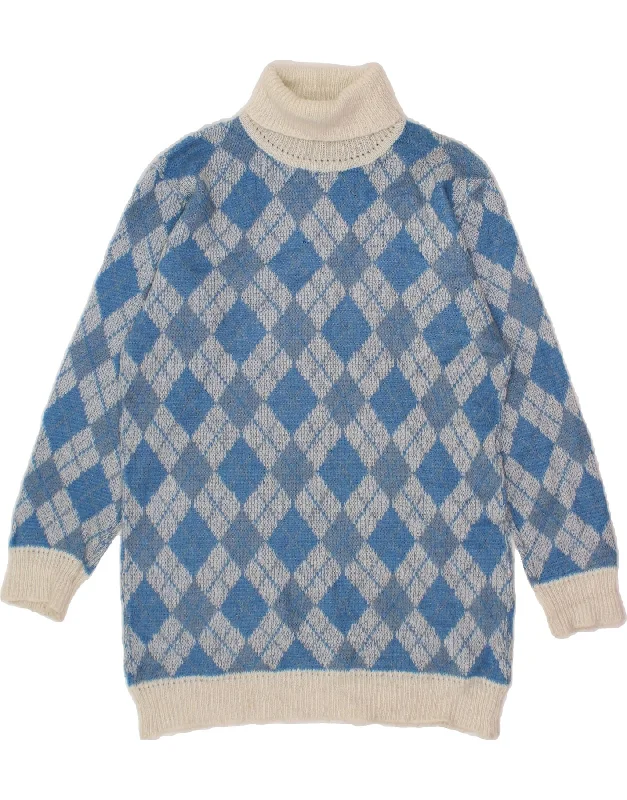 VINTAGE Womens Roll Neck Jumper Sweater UK 18 XL Blue Argyle/Diamond Layered Multi-layer Single Layer