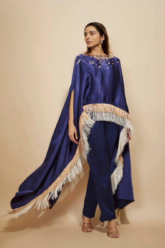 Blue Embroidered Kaftan With Pant Classic Pleated Pants