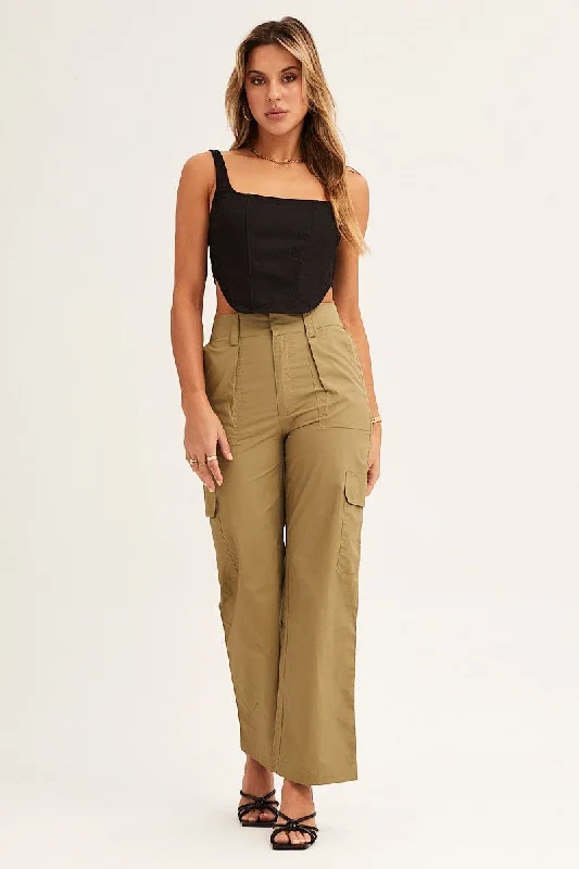 Green Cargo Pants Mid Rise Classic Bootcut Trousers