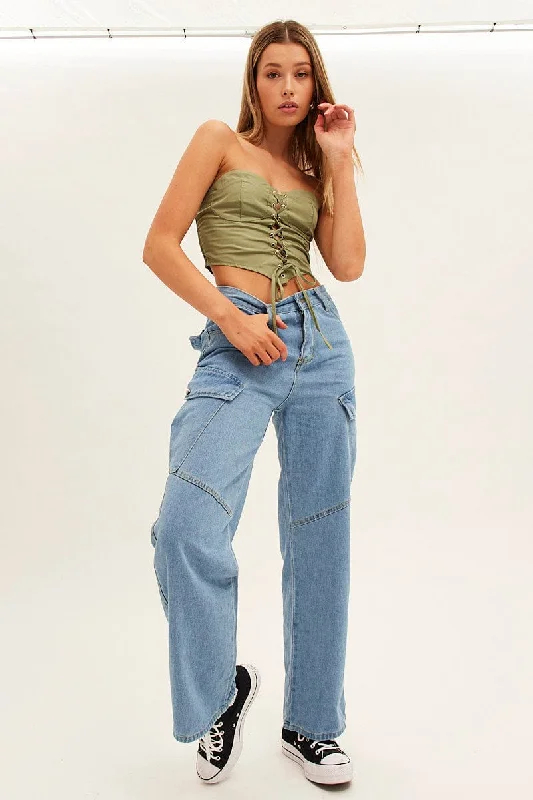 Blue Wide Leg Cargo Pants Trendy Printed Pants