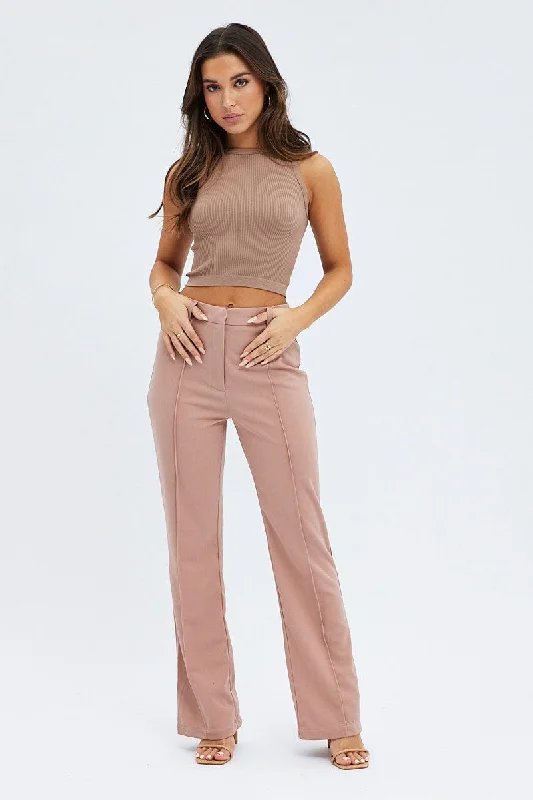 Brown Wide Leg Pants High Rise Workwear Slim-Fit Khaki Pants