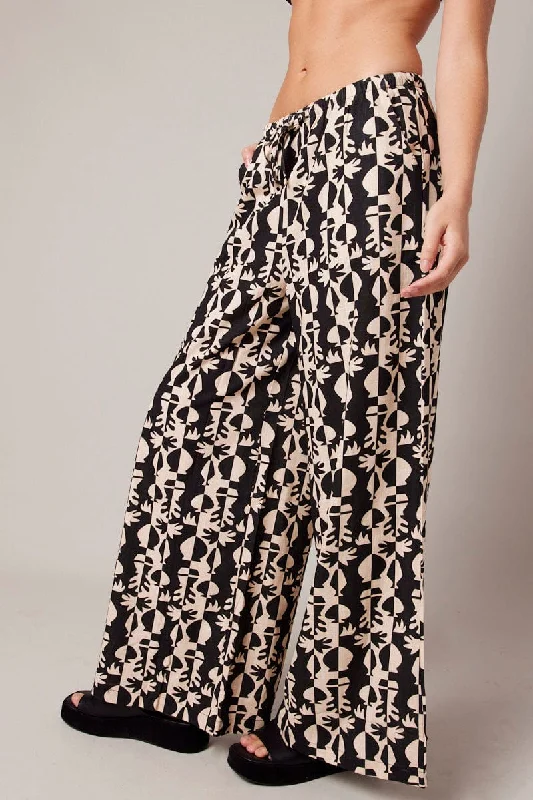 Black Abstract Wide Leg Pants High Rise Soft Stretch Pants