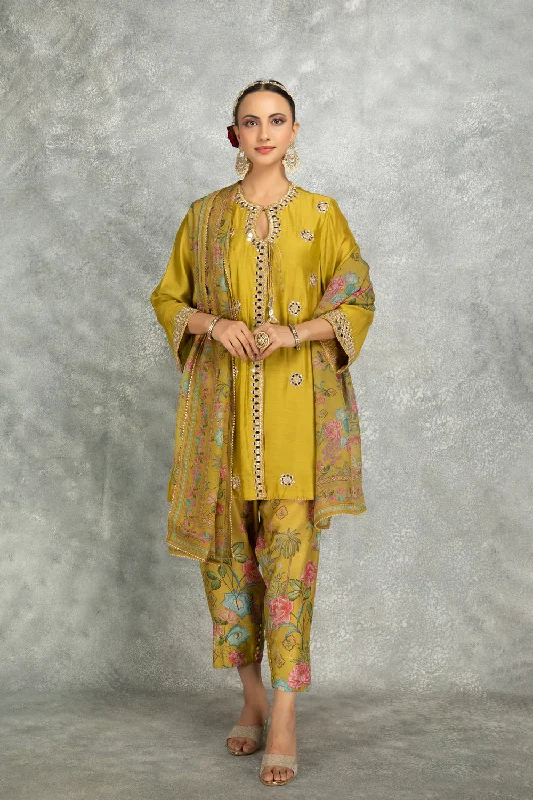 Mustard Green Mirror Embroidered Angrakha With Printed Pants & Dupatta Set Of 3 Soft Sweatpants Style