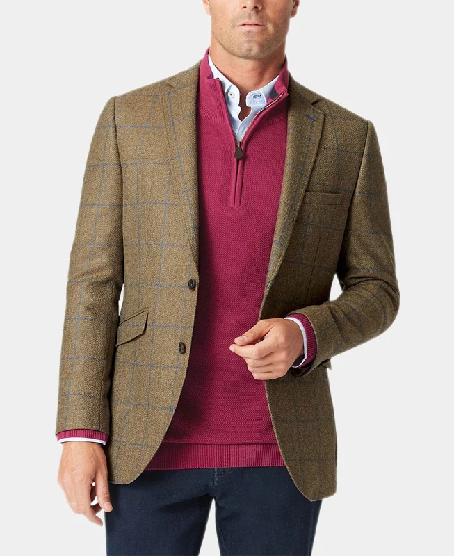 Breedon Wool Tailored Jacket - Fern Check Boat Neck Shawl Collar Notched Collar