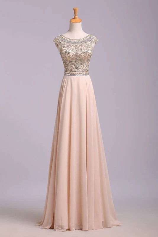 A Line Floor Length Scoop Chiffon Prom Dress Beading Long Evening Dresses Tunics Party sparkling