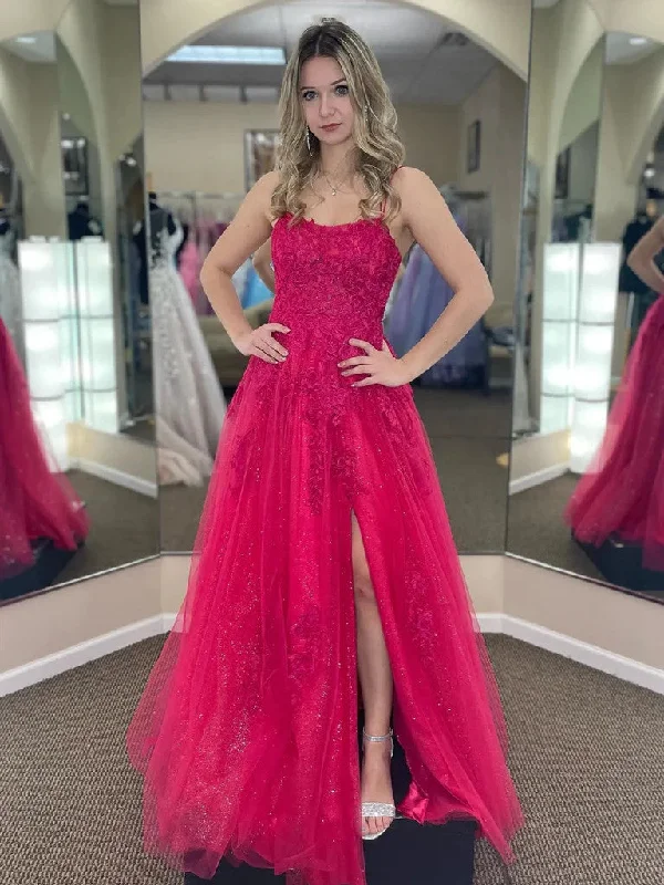 A Line Fuchsia Pink  Lace Backless Long Prom Dresses, Fuchsia Pink Lace Long Formal Evening Dresses Glittery Long Formal