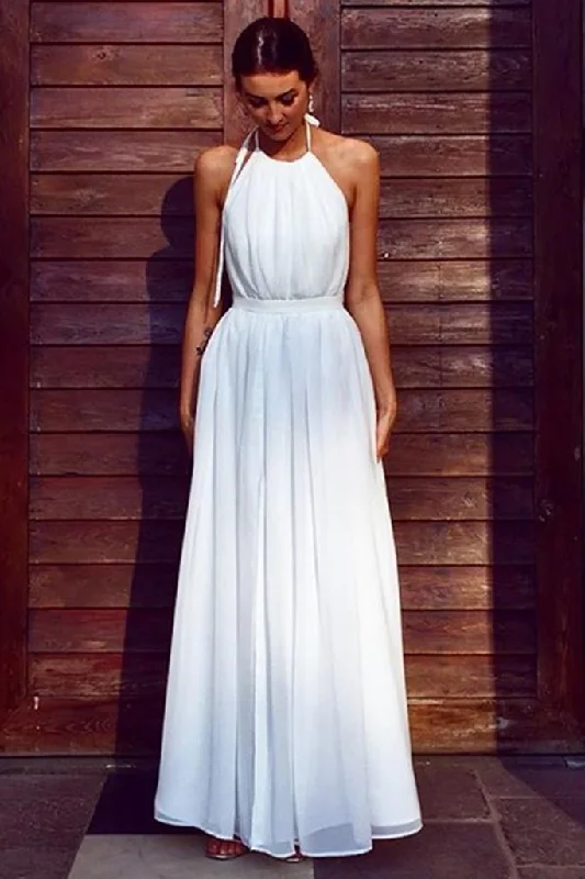 A Line Halter Neck White Long Prom Dress, Halter Neck White Formal Graduation Evening Dress, White Bridesmaid Dress   cg18822 Tunics stripes playful