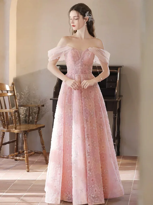 A Line Off Shoulder Pink Lace Long Prom Dresses,  Off The Shoulder Lace Pink Long Formal Evening Dresses Tunics Vintage classic